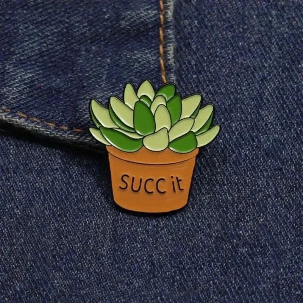 1 piece unisex green brown plant in pot enamel brooch pin backpack clothing